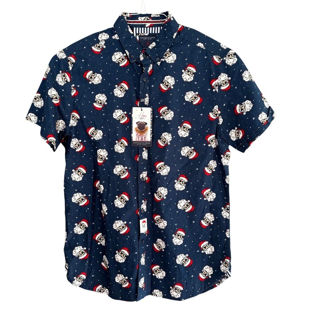 Denim & Flower Santa Print Short‎ Sleeve Button Up Shirt - Medium